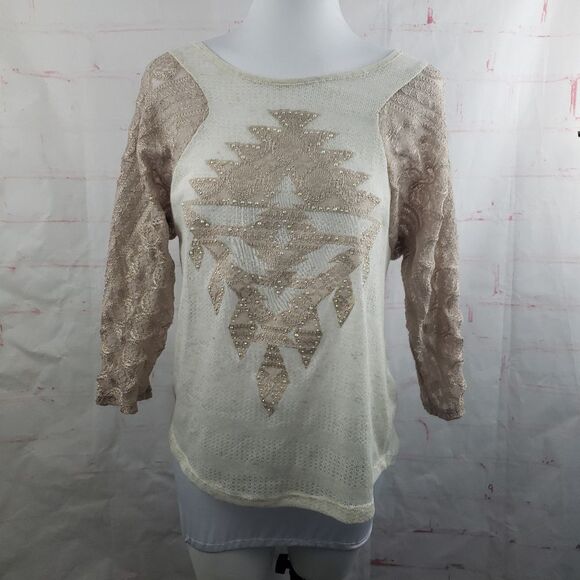 Daytrip cream and dusty rose mesh lace top medium - Picture 1 of 6